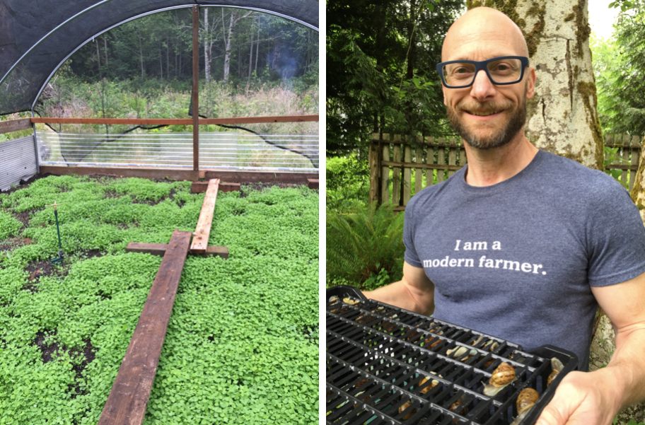 From left: One of Ric Brewer's two raising beds for his snails; a photo of Brewer at his farm.