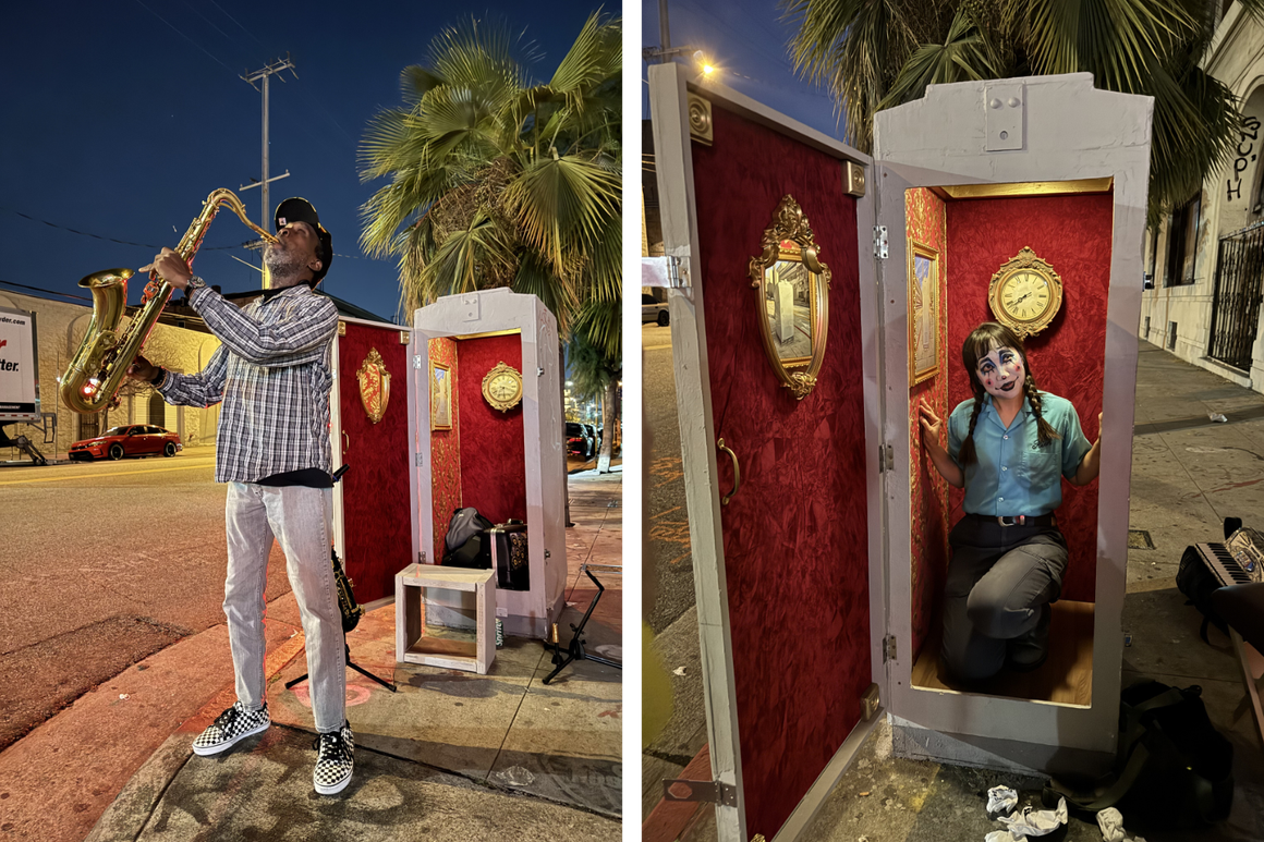 Myles Garland Jackson takes the sidewalk on sax while Janet performs mime inside the velvet-lined Electrical Box Theatre