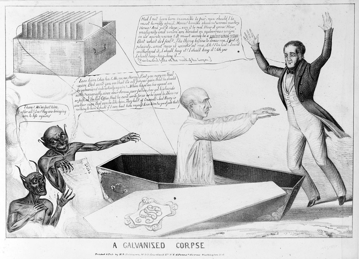 Two demons hover behind a galvanized corpse, one chuckling: "There! We've lost him after all. See! They are bringing him to life again!"
