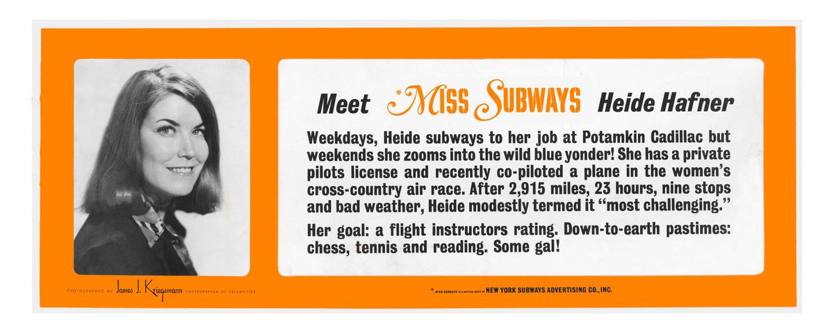 Heide Hafner was the final Miss Subways winner in 1976, having entered with photographs she'd taken herself in a booth.
