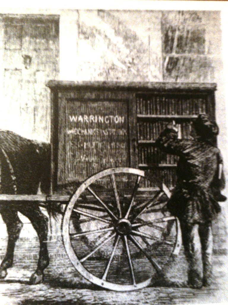 One of the earliest mobile libraries, the Warrington Mechanics’ Institution Perambulating Library, from <em>The Illustrated London News</em>, 1860.