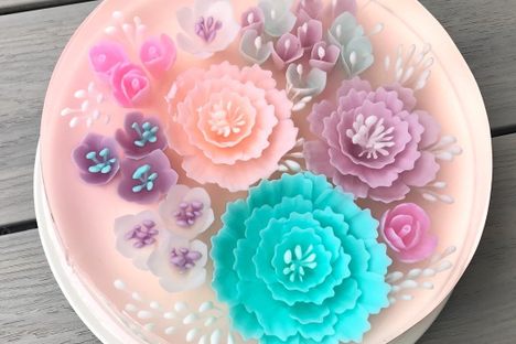 Vibrant jelly flowers fill jelly cakes.