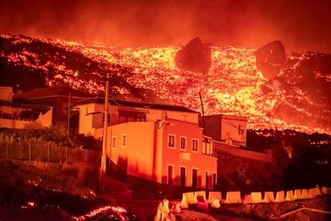 Lava flows surround the town of El Paraíso on La Palma in the Canary Islands. 