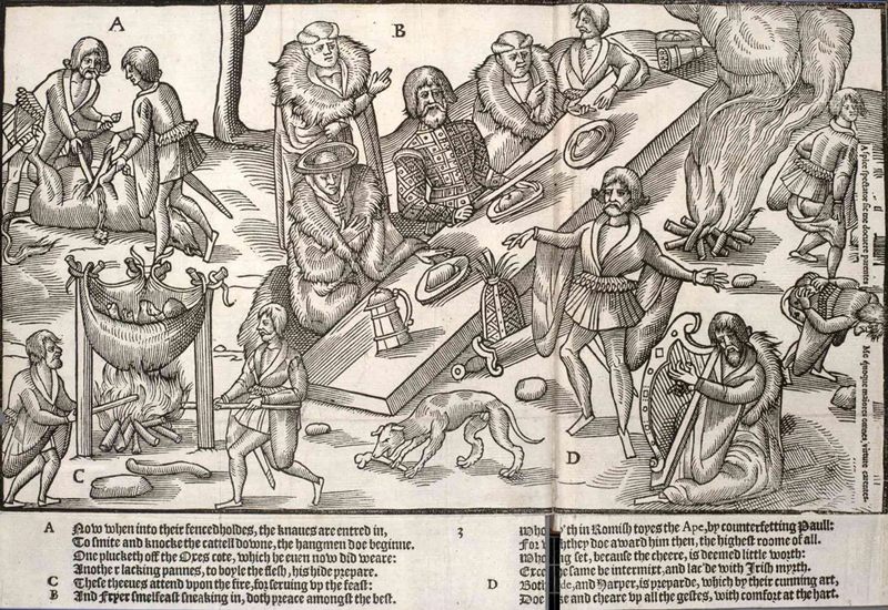 <em>The Image of Irelande</em> by John Derrick, depicting a Celtic feast c. 1581.