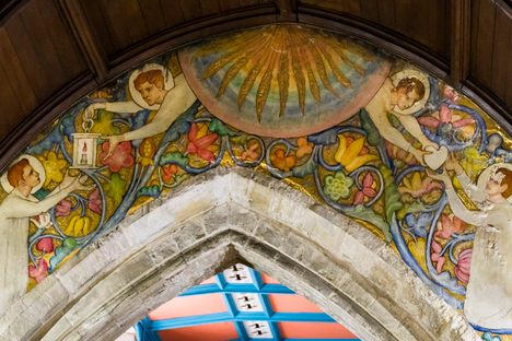 Mural above the chancel arch and decorated ceiling 