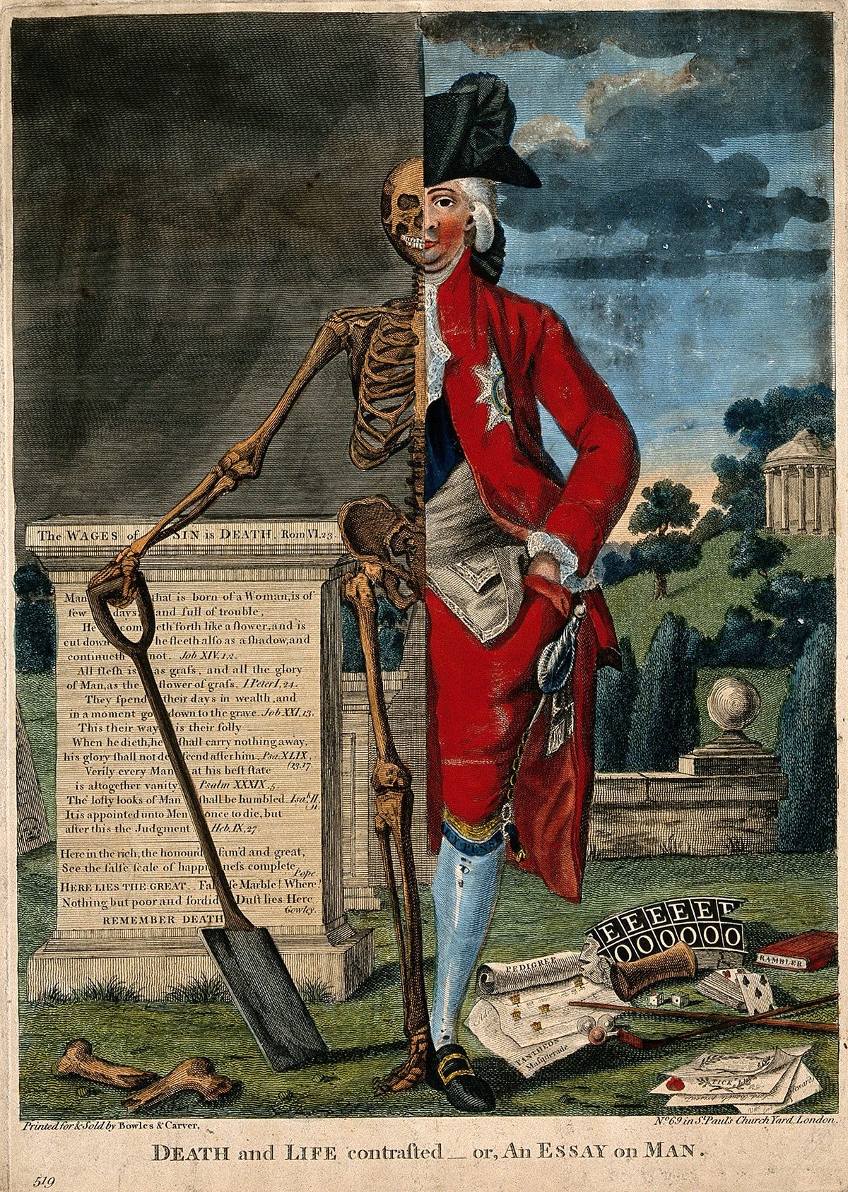 An etching of a nobleman and his skeleton in front of a plinth inscribed ‘The Wages of Sin Is Death,’ 18th century. 