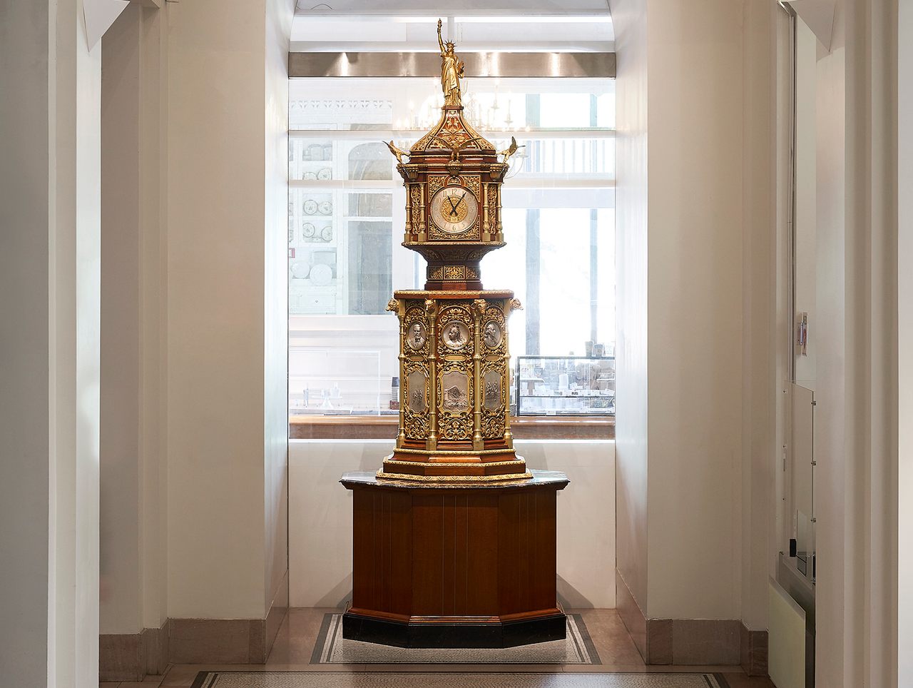 The restored clock is currently on display at the New-York Historical Society. It will reclaim its place in the lobby of the Waldorf Astoria when renovations on the hotel are complete.