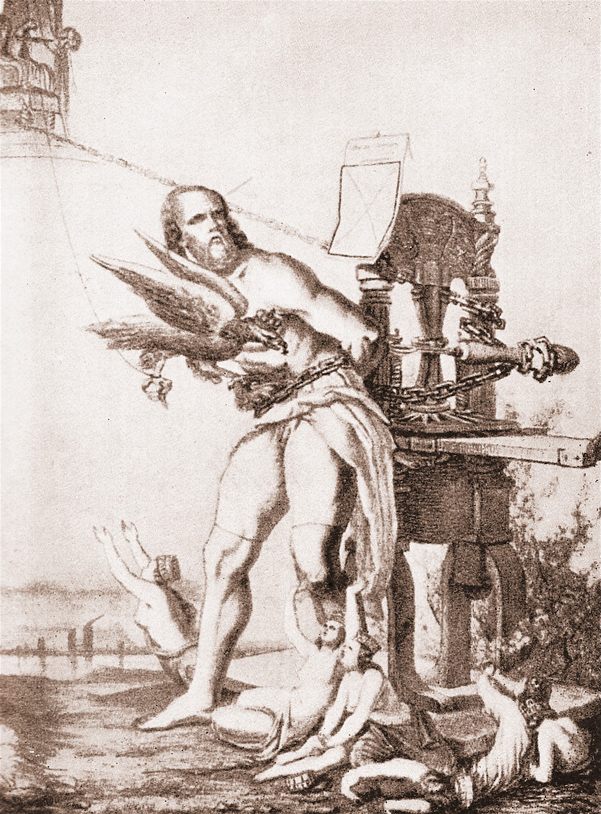A political cartoon showing Marx as Prometheus, published in the <em>Rheinische Zeitung</em> after the Prussian government censored Marx for his writing on the vintners.