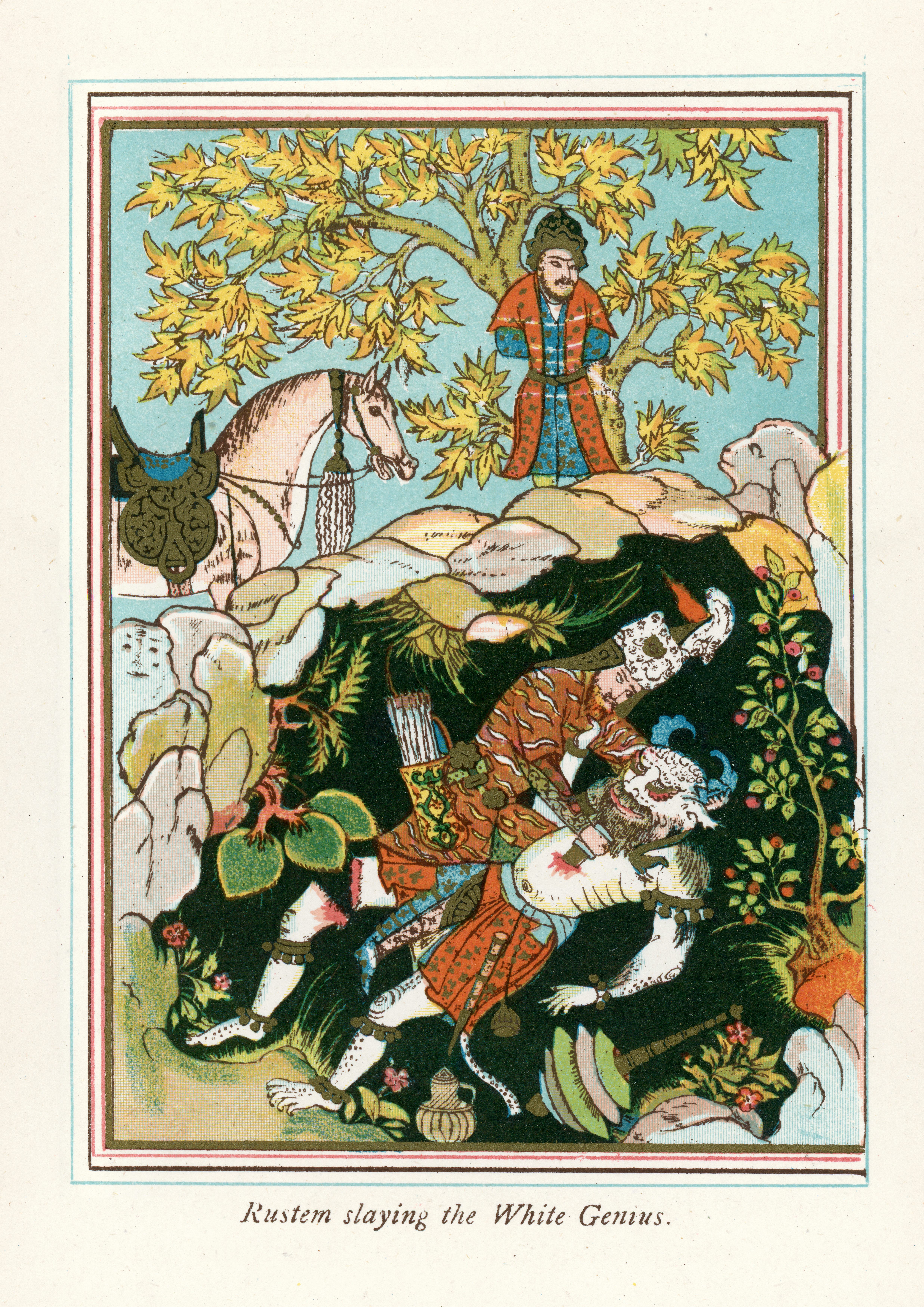 In the Persian epic <em>Shahnameh</em>, the hero Rostam must slay the White Genie or Jinniyy (the singular form of the plural jinn).