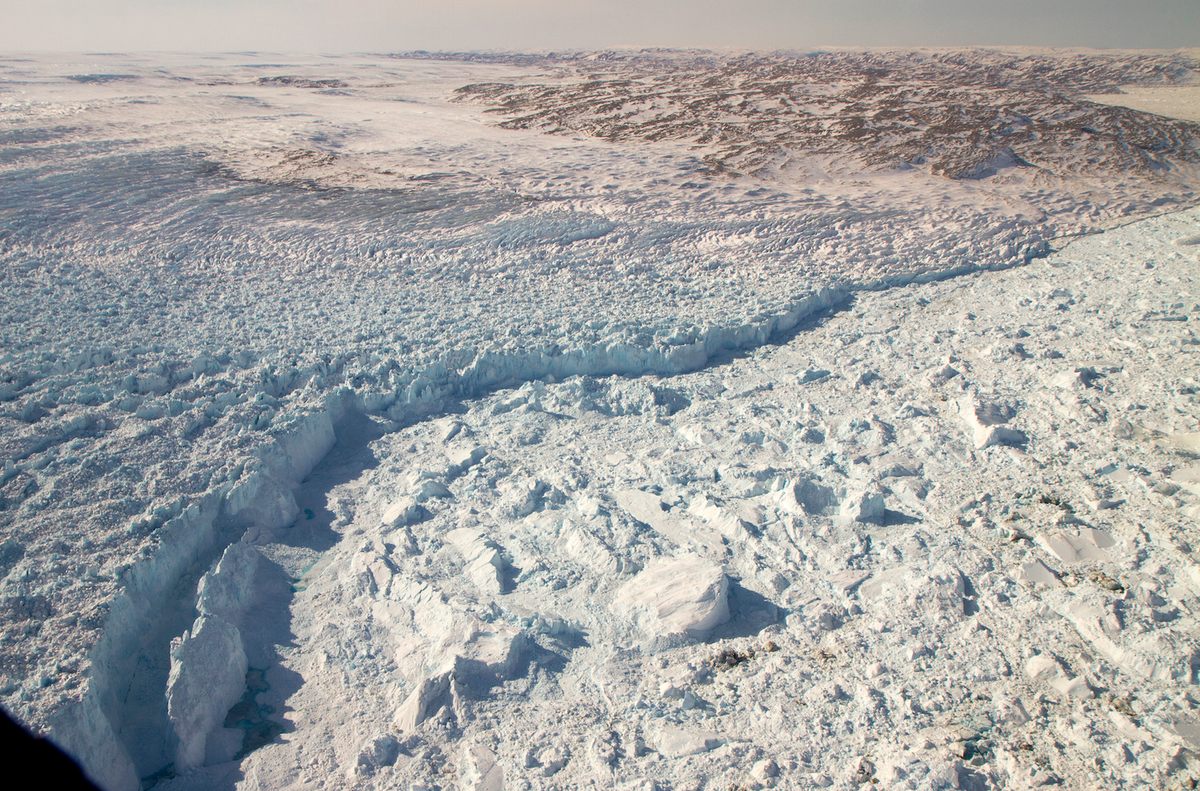 The calving front of the Jakobshavn Glacier in western Greenland, as seen from NASA's P-3B aircraft on April 21, 2012.