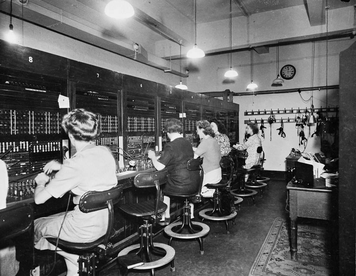 The switchboard operators and typists "were all civilian women. During the Blitz, many of them remained underground day and night, working here and sleeping between shifts in the sub-basement."