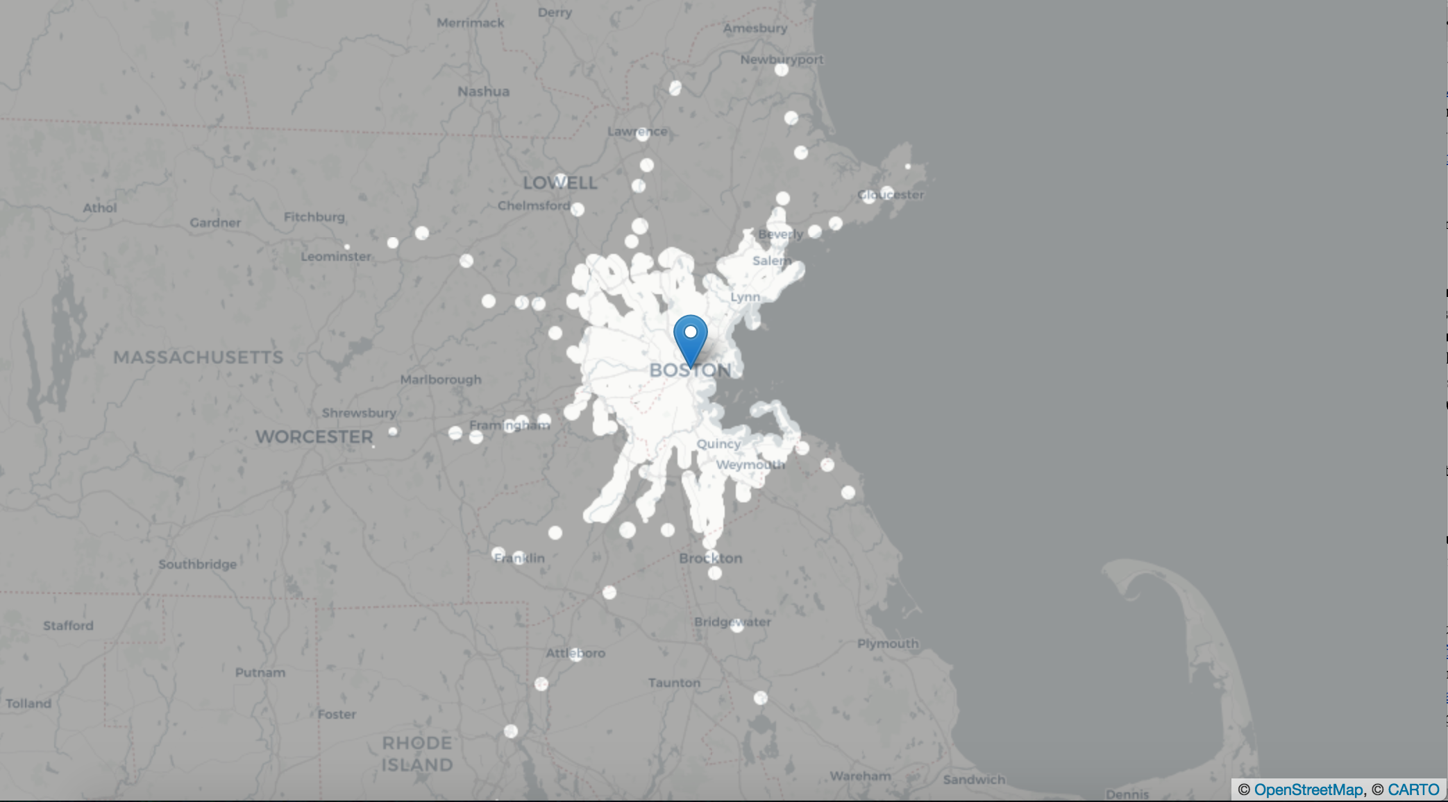 How far from Boston 90 minutes' worth of public transit can get you.