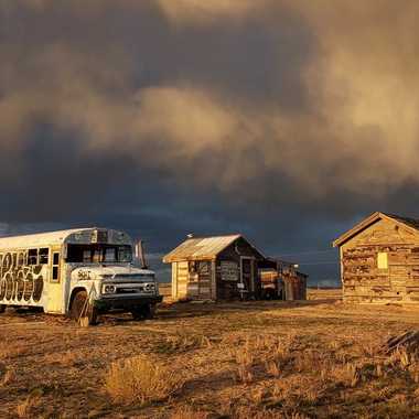 An abandoned school bus under the Cisco sky.