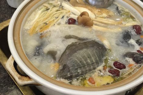 An herbal hotpot with black chicken and turtle.