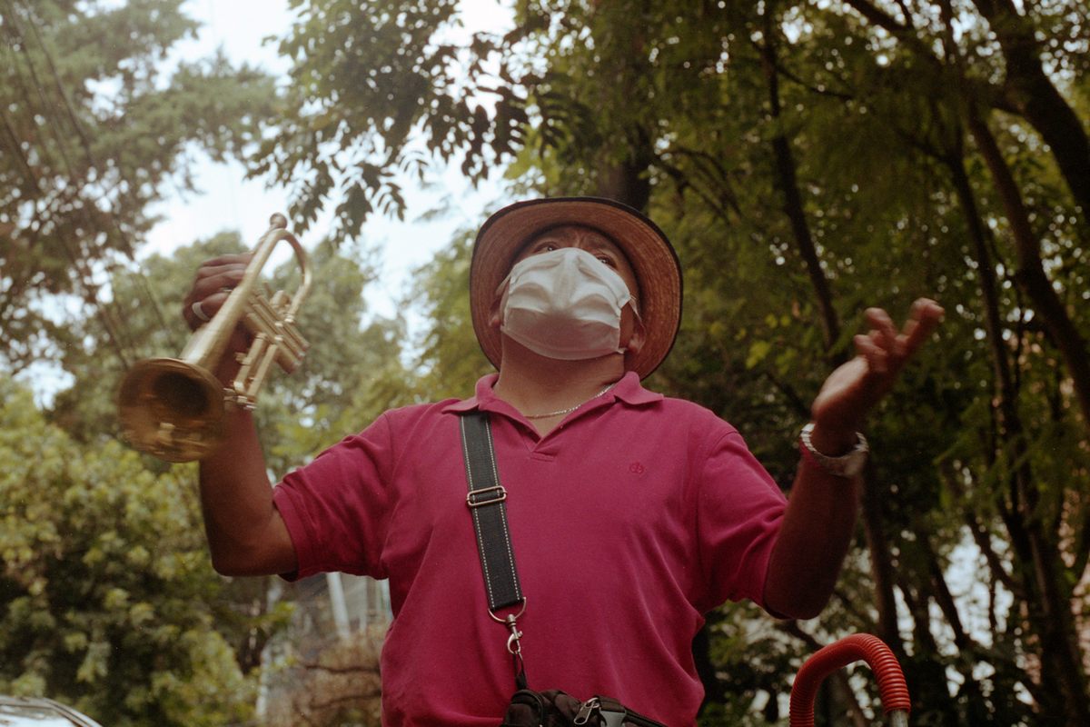 Galindo travels two hours to play in upscale neighborhoods.