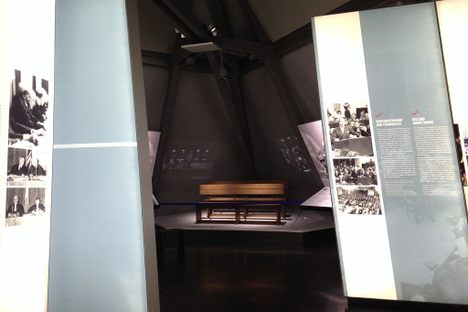 Part of the museum exhibition showing the chairs in which some of the Nazi war criminals sat