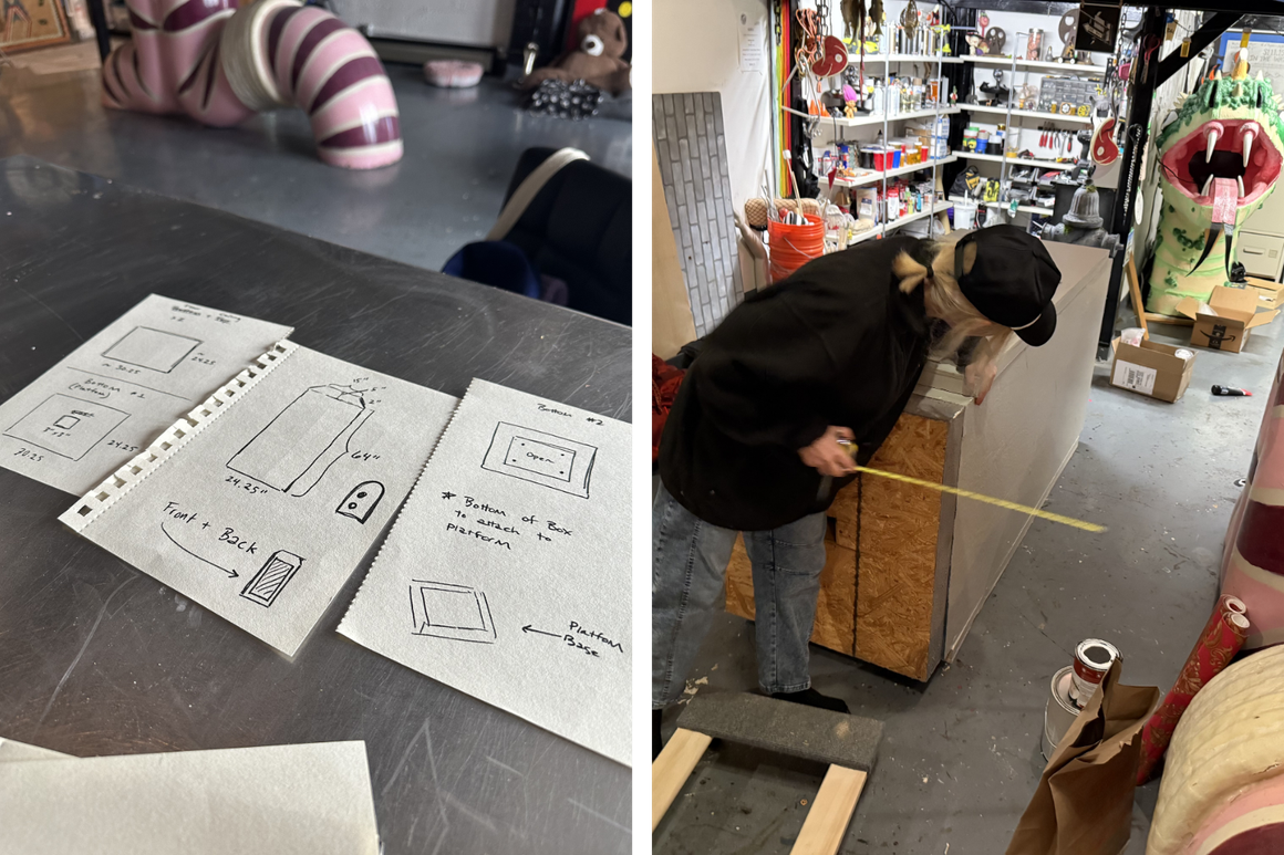 S.C. Mero’s early sketches and studio build process for the Electrical Box Theatre