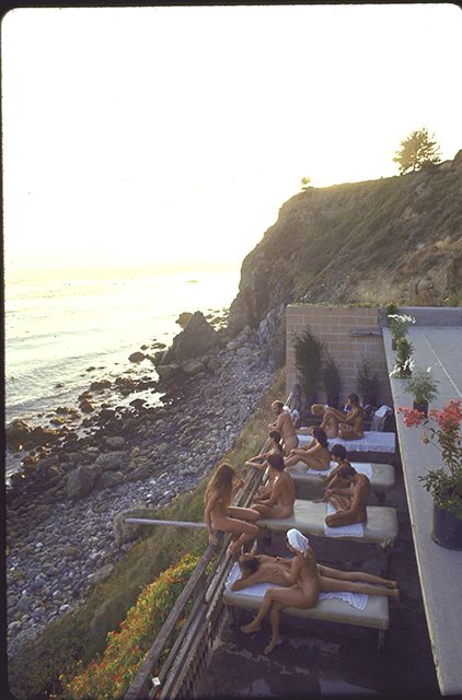 Nude couples on balcony at the Esalen, 1970