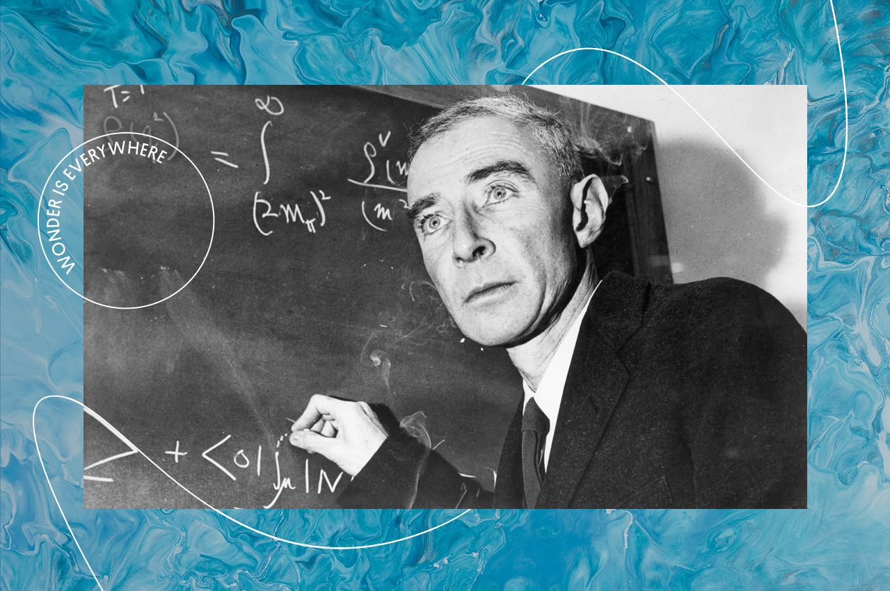 J. Robert Oppenheimer, in an undated photo, doing math without looking.