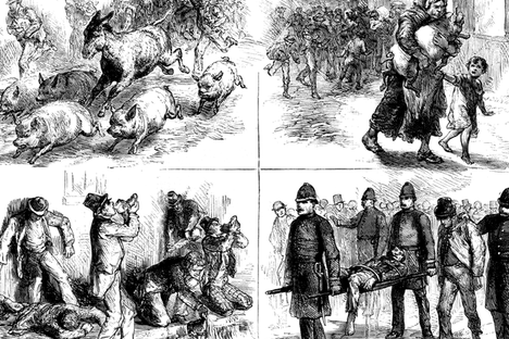 Contemporary illustrations showing the whiskey fire of 1875.
