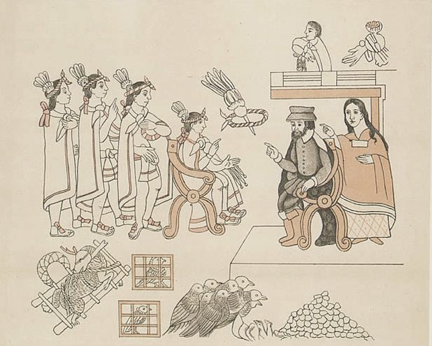 Hernán Cortés and Malinche, in a Tlaxcalan illustration from the 1550s. 