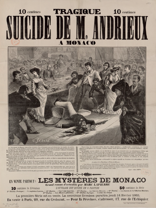 An 1883 advertisement for a novel played on the lurid fascination with suicide in Monte Carlo.