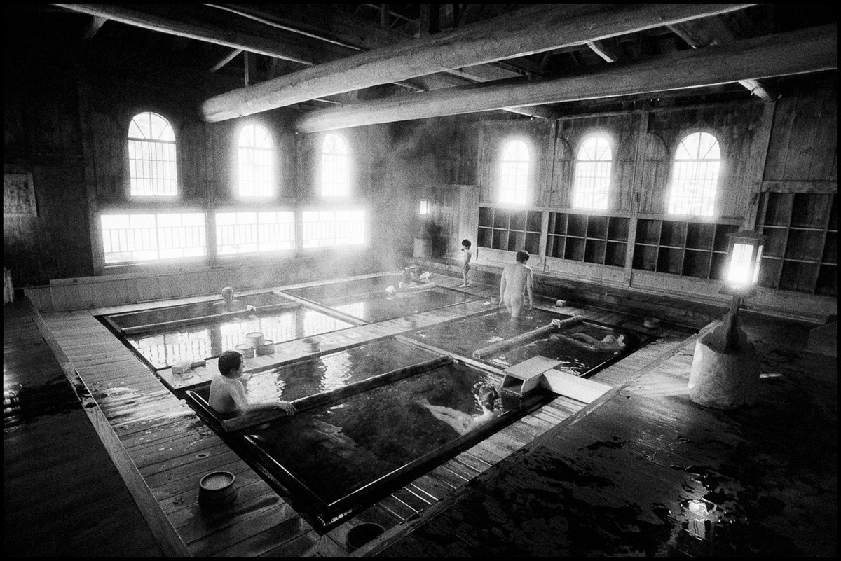 The communal indoor bath at Chojukan Ryokan in Hoshi, Gunma Prefecture, soothes bathers with spring water containing calcium and magnesium.