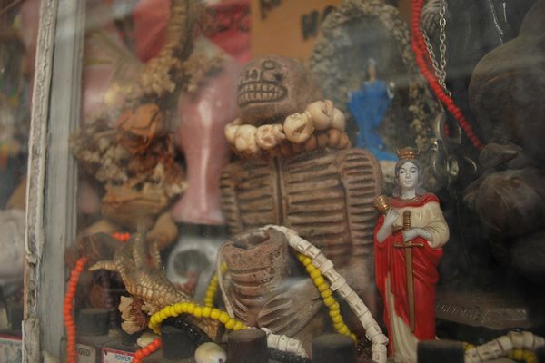 A cabinet of voodoo artefacts in the French Quarter of New Orleans
