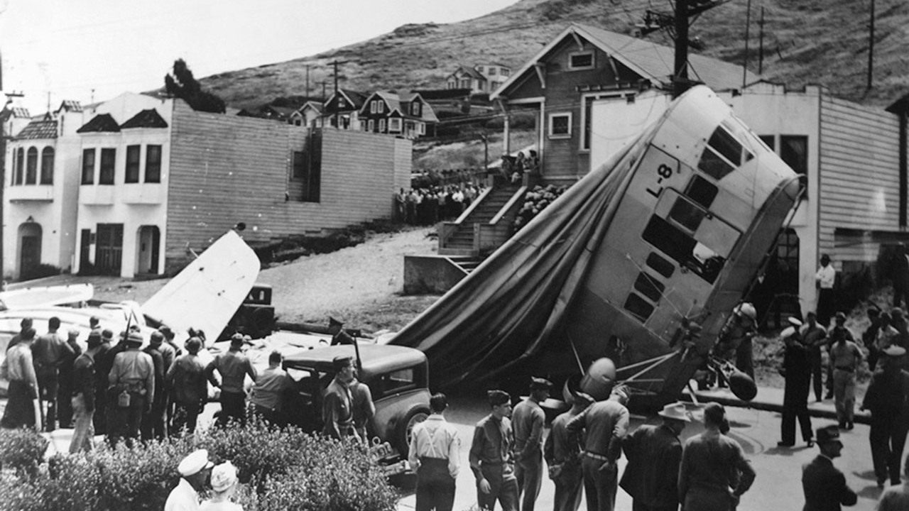 The blimp crash of August 16, 1942, in Daly City California. 