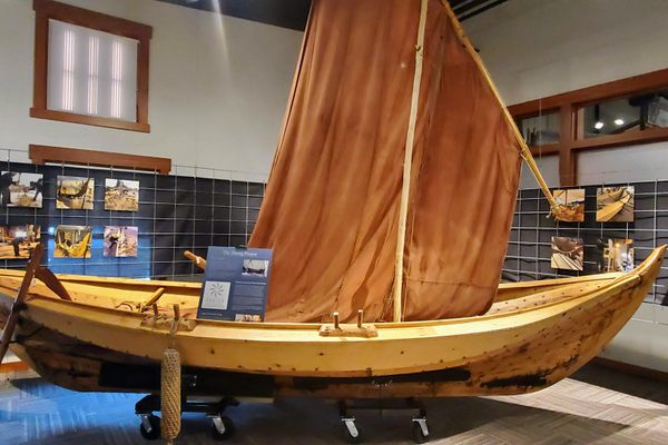 A classic boat on display at the Legacy of the Lakes Museum.