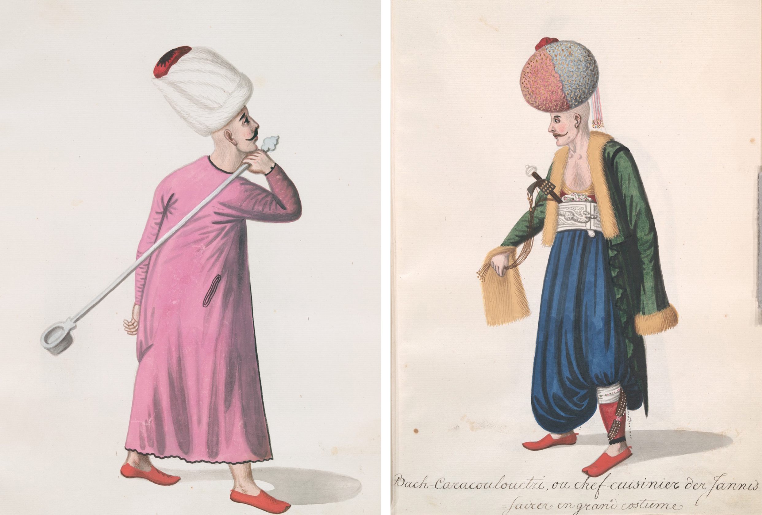 A lowly janissary cook holding a big ladle, and a head cook wearing an elaborate turban evoking 16th-century styles. 