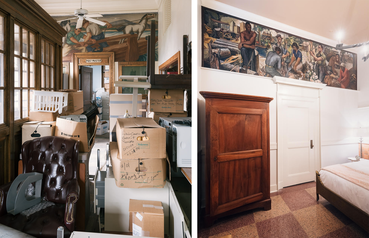 <em>Floating Horses Down the Cumberland River</em>, by Alois Fabry Jr., Whitley County storage, Williamsburg, Kentucky (left); <em>Tung Oil Industry</em>, by Xavier Gonzalez, Southern Hotel, Covington, Louisiana (right).