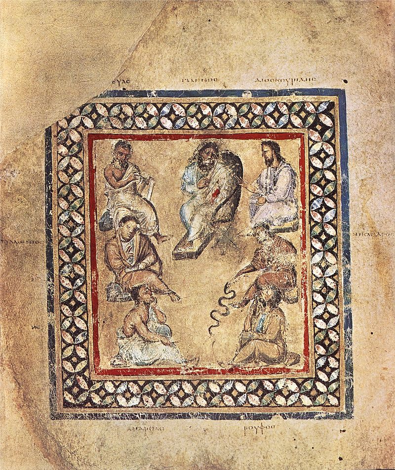 A group of physicians from the Greek manuscript Vienna Dioscurides, showing Galen - the first to coin the word Gonorrhea - at top center.