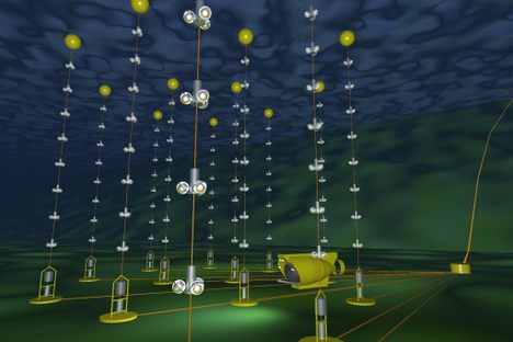 An illustration of the Antares neutrino detector.