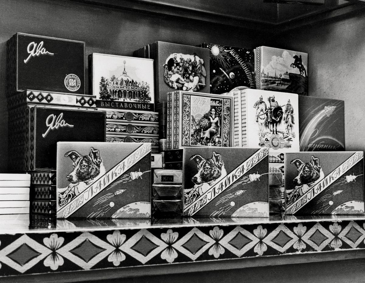 In the 1950s, Laika graced cigarette boxes, clocks, stamps, and so much more.