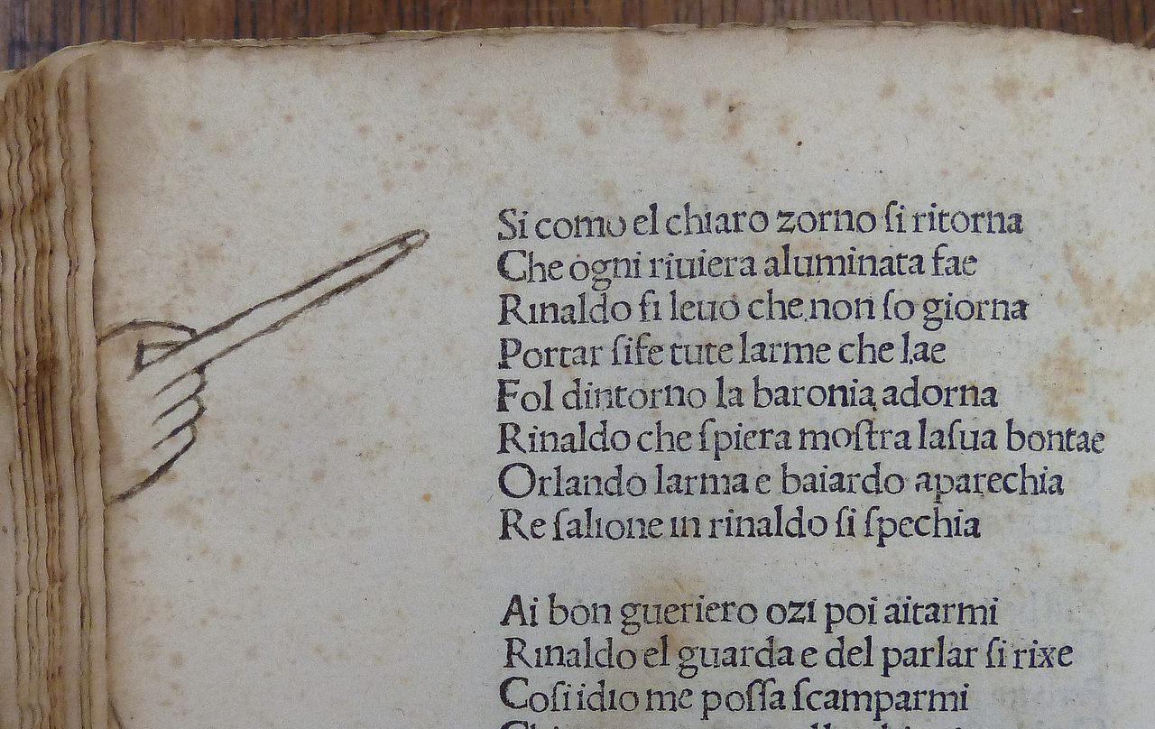 A long-fingered manicule on a manuscript from 1481.