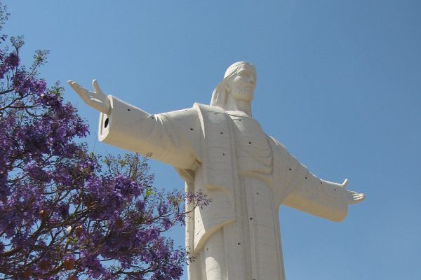 Cristo towering over blooming jacarandas