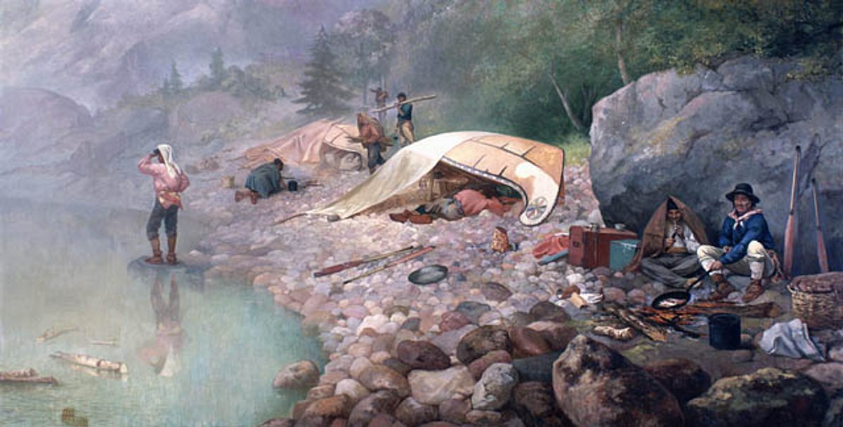 Voyageurs at Dawn, 1871 by Frances Anne Hopkins. 'Voyageurs' traded fur, which was a large part of the Hudson's Bay Company's business.