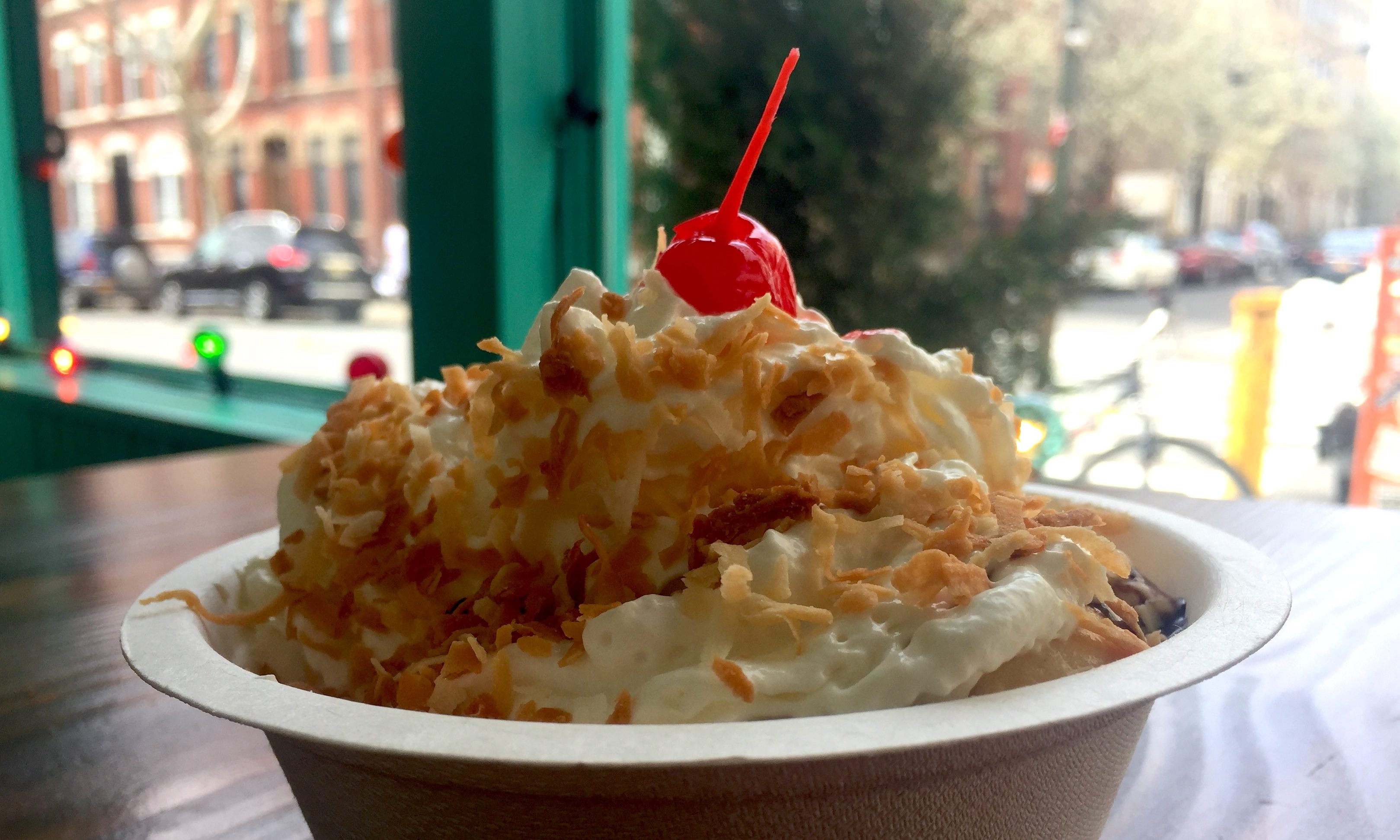 A cherry tops a sundae at Davey's ice cream in Brooklyn, New York.