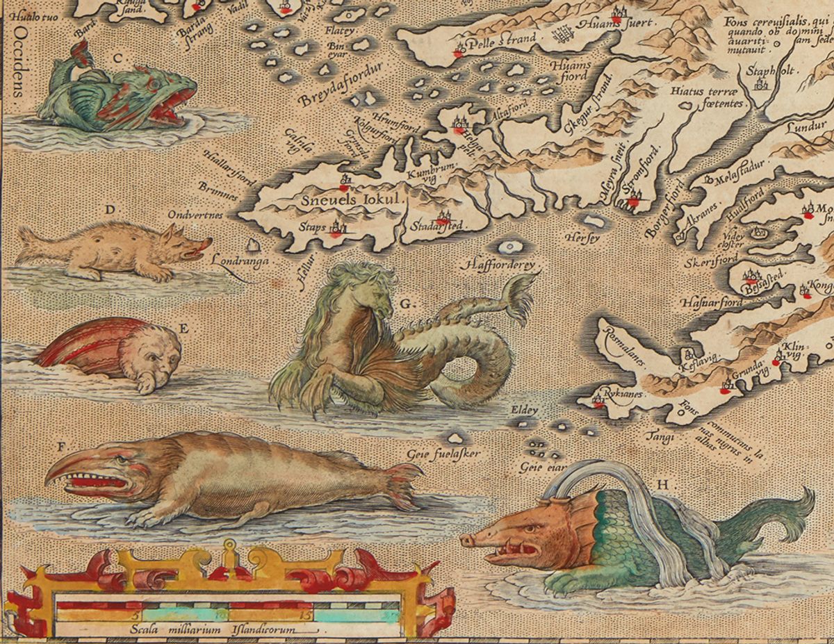 The hyena (or sea hog), labeled "D," the Ziphius ("E"), the so-called English whale ("F"), and the Hroshualur ("G") get up to no good.