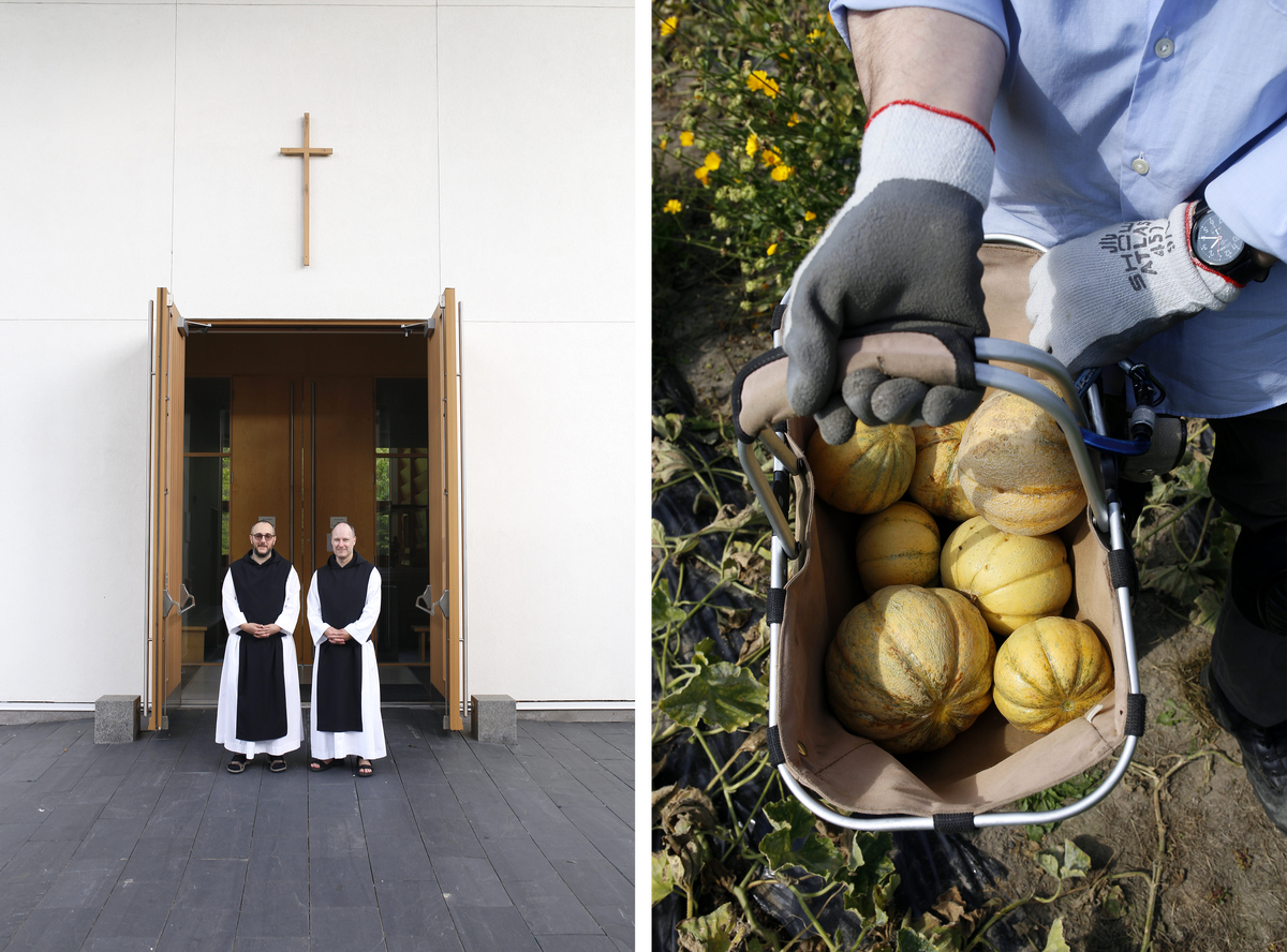 (LEFT) Brother Jean-Philippe Cliche (left) and Brother Michel Lessard (right) in front of Val Notre-Dame abbey. (RIGHT) Brother Michel Lessard holds a basket of Oka melons in the abbey garden, September 2021.