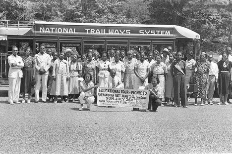 A bus tour visited Shenandoah National Park's segregated facilities, ca. 1950.