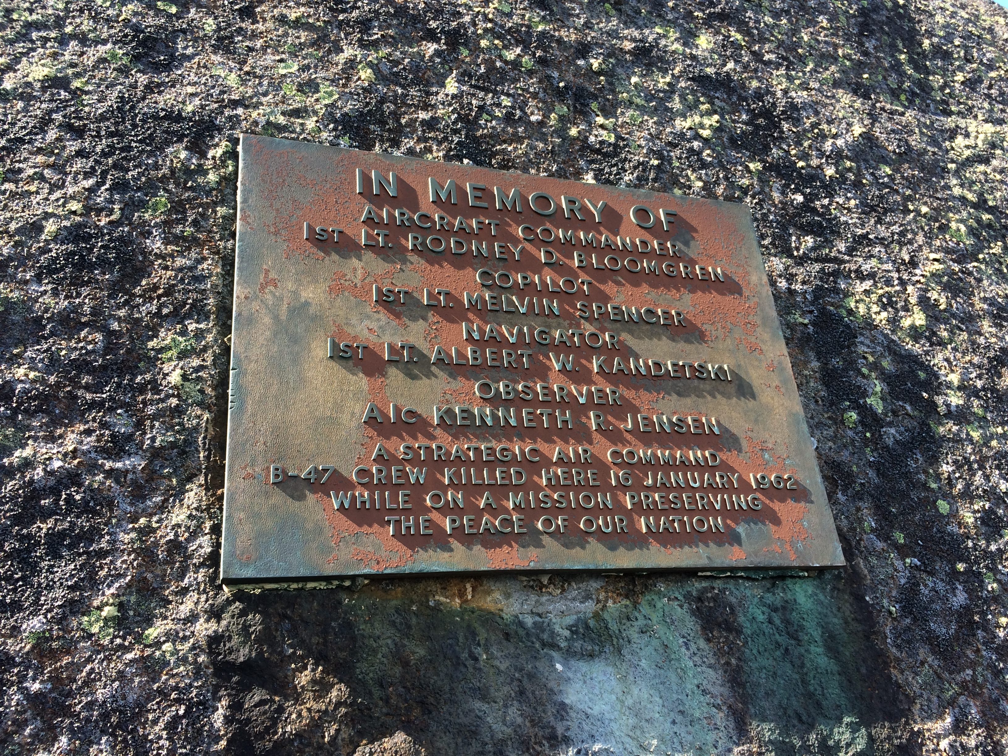 A plaque marking the site of the crash of at B-47. 