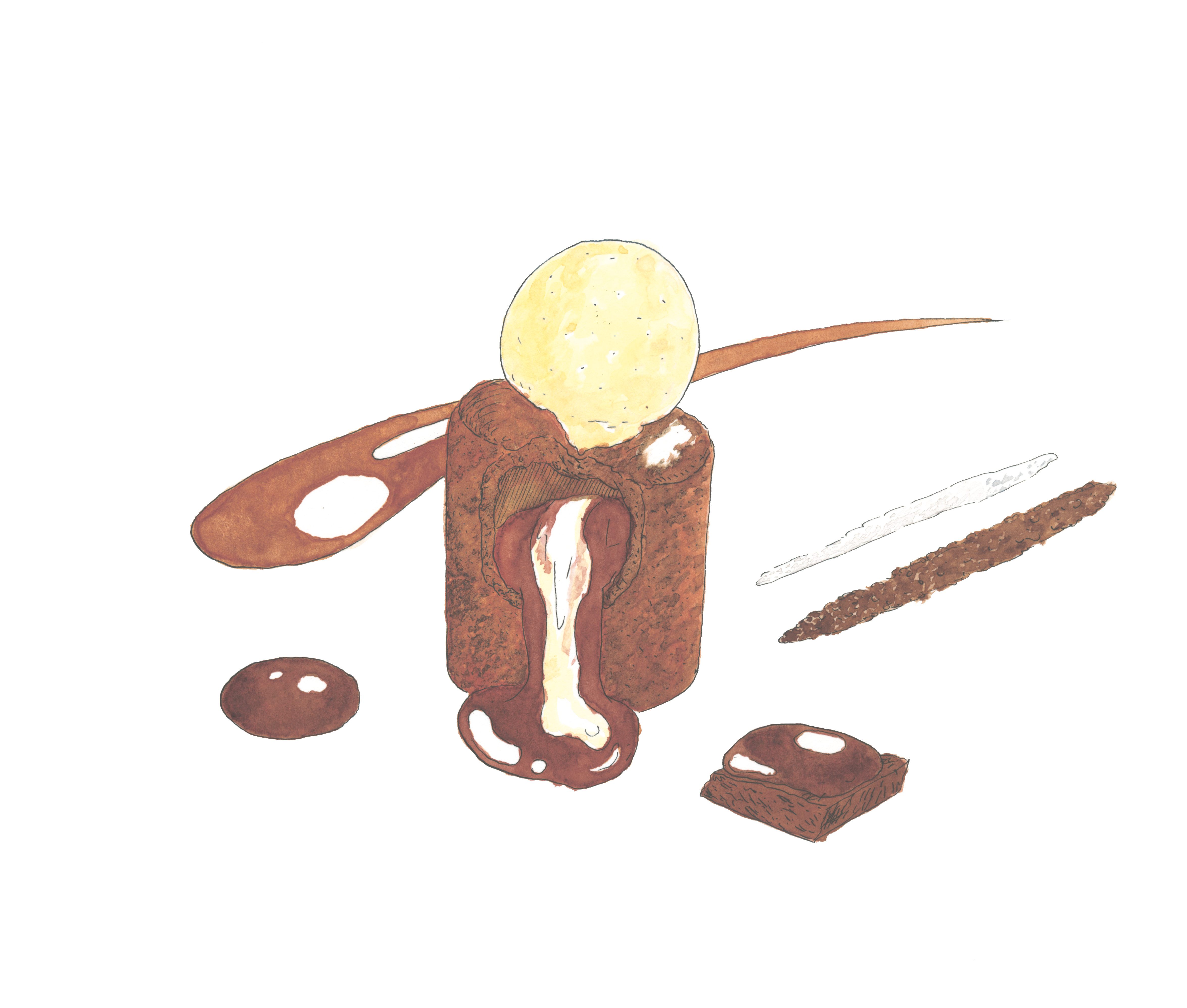 This illustration depicts the original <em>chocolate au coulant</em>, before it morphed into lava cake.