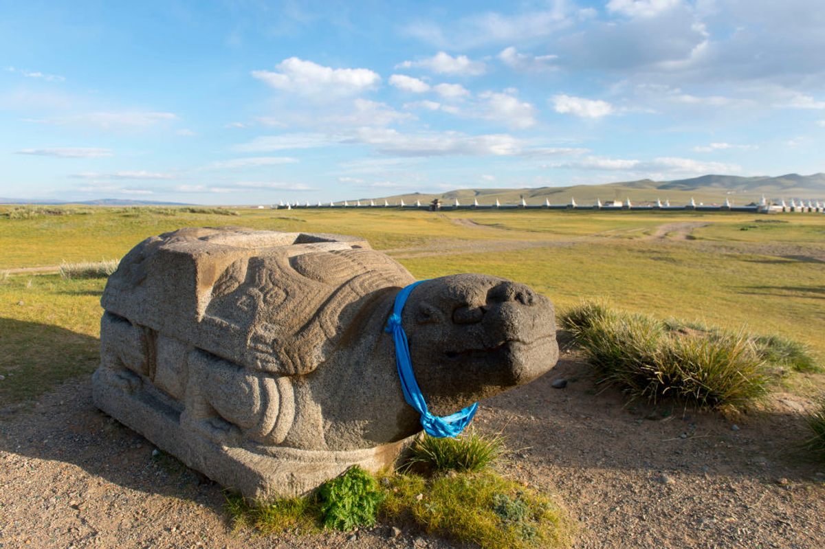 A 13th-century stone turtle marks the site of Karakorum, the Mongol Empire's capital, built in 1235 by Ögedei Khan. After his death, his wife Töregene ruled from here as regent.