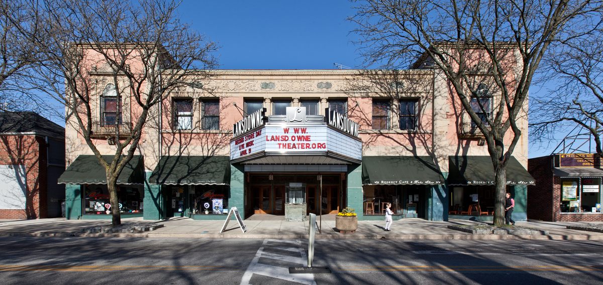 The exterior and marquee of the Lansdowne Theater. 