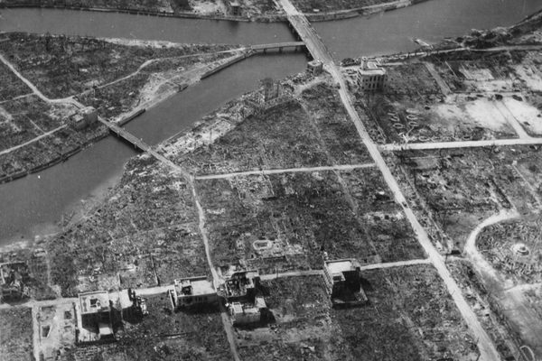 The hypocenter and surrounding devastation immediately after the detonation of the bomb