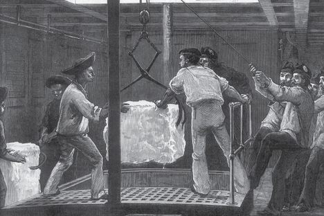 Sailors transporting ice to India on board the British troop ship HMS Serapis, 1875. 