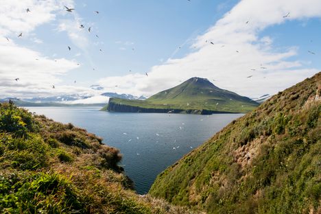 A view of Sentinel Peak, the end of the Alaskan Peninsula and part of the Alaska Maritime National Wildlife Refuge. 