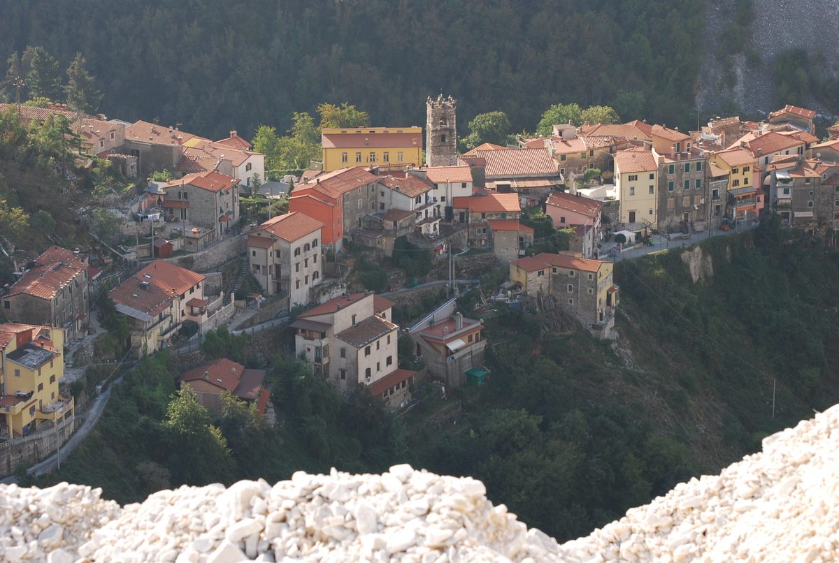 The village of Colonnata, as seen from the white marble hills.